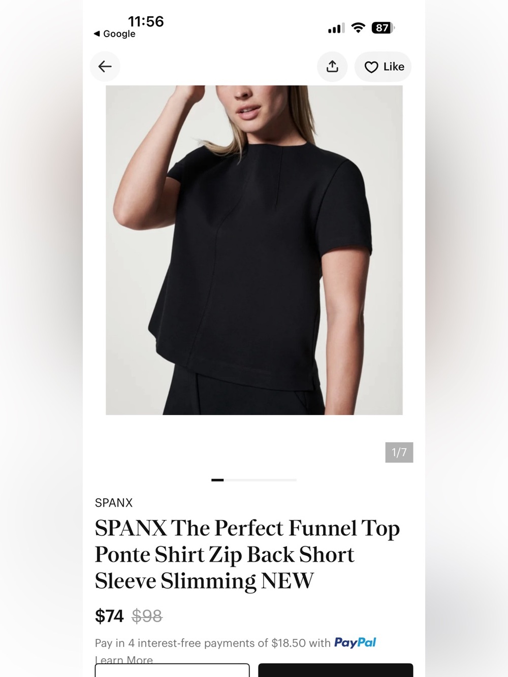 SPANX Black Short-Sleeve Ponte Funnel Top